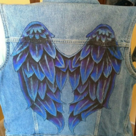 Angel Wings Hand Painted Jean Jacket Size Large Sleeveless Painted With Acrylic - Picture 1 of 5